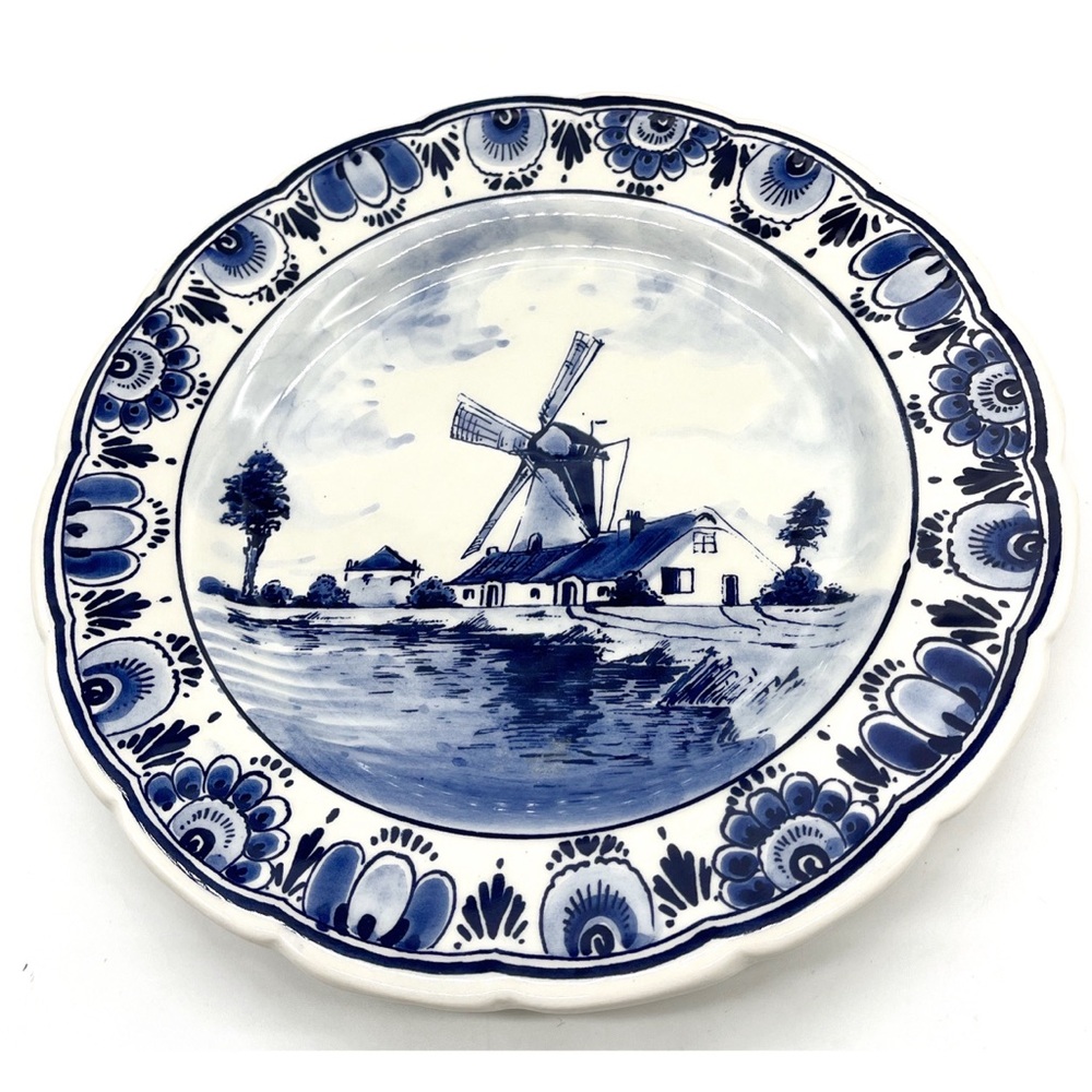Delft Blue And White Ceramic Plate Windmill Scene Handmade